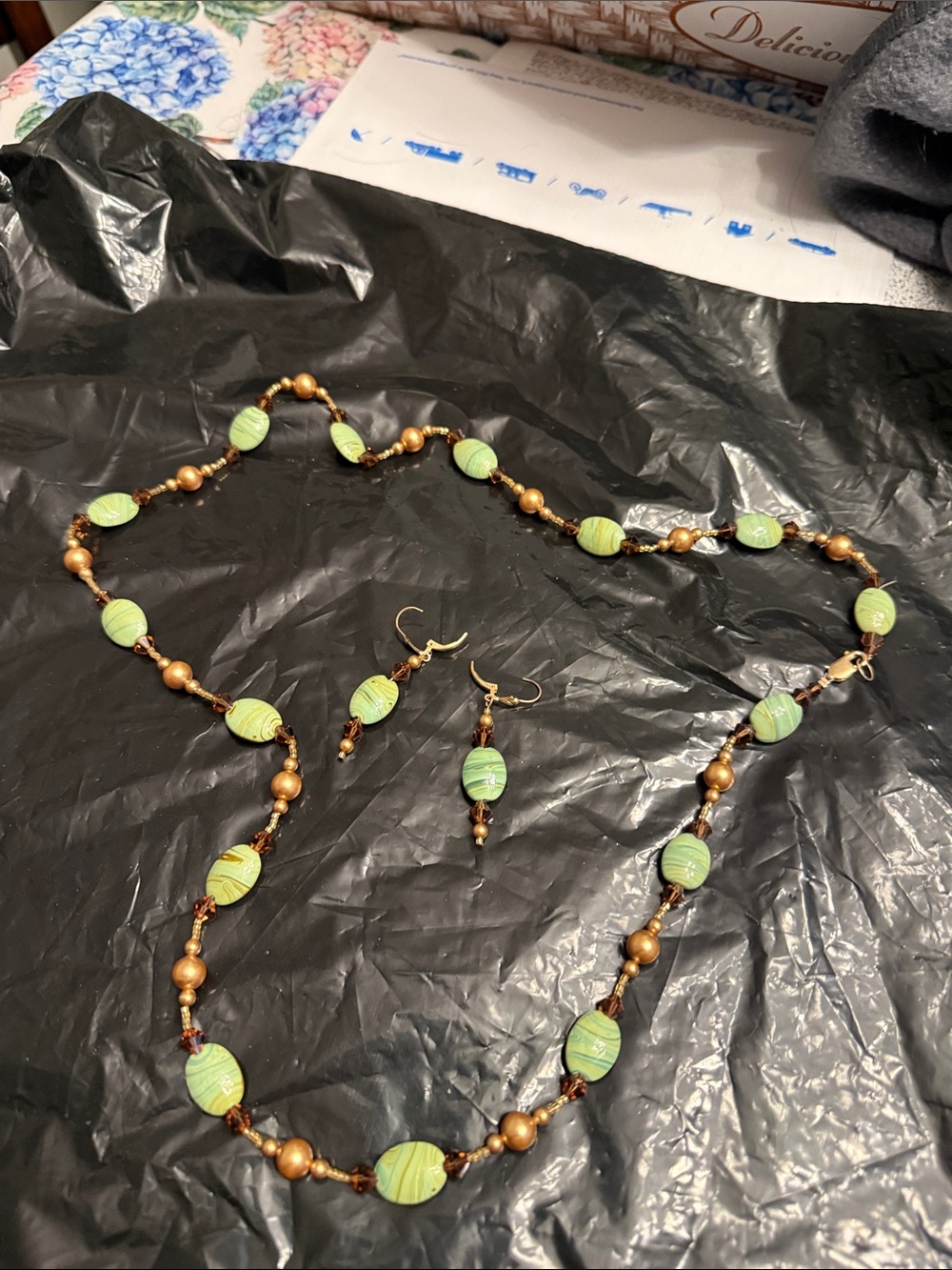 Green Bead Necklace & Earring Set — Unbranded